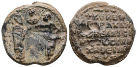 Byzantine Lead Seal, of Aposachles Senachereim, nobelissimos (AD 11th century, second half)
Obv: St Theodore standing at left, with his hands upraise...