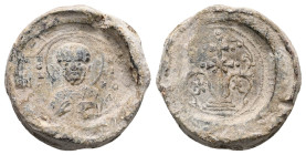Byzantine anonymous seal (AD 11th century)
Obv: Bust of St Nicholas holding the book and offering a blessing. Inscription on either side: ὁ ἅγι[ος] Ν...