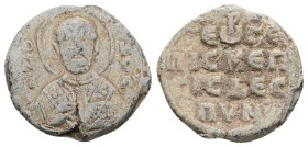 Byzantine seal of George episkeptites (c. AD 11th century)
Obv: Bust of St Nicholas holding the book and offering a blessing. Inscription on either s...