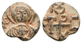 Byzantine Lead Seal (AD 6th–7th centuries)
Obv: Bust of the Virgin with medallion between two crosses.
Rev: Cruciform monogram.
Weight: 4.00 g.
Di...