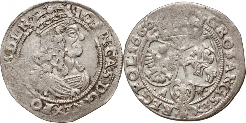 Jan II Kazimierz, szóstak 1666 AT, Bydgoszcz Odmiana z ozdobami na rogach tarcz....