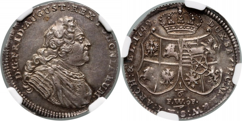 August III, 1/6 talara 1749 FWoF, Drezno Okołomenniczy stan zachowania. Piękna, ...