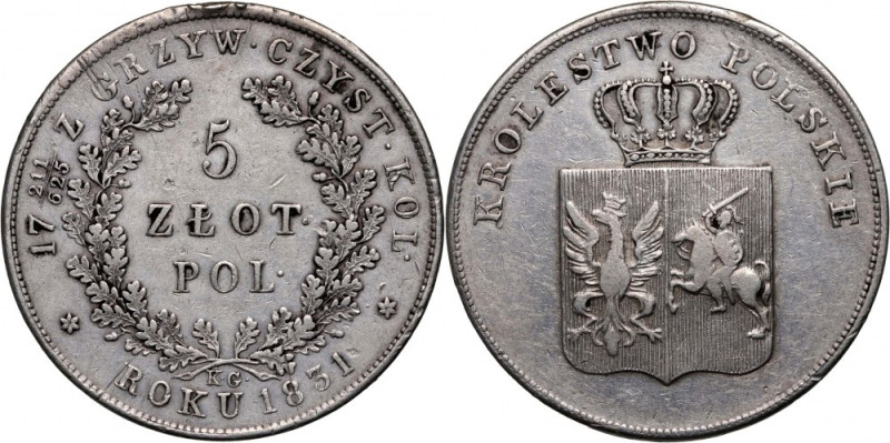 Powstanie Listopadowe, 5 złotych 1831 KG, Warszawa Drobne uszkodzenie rantu. Ref...