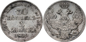 Zabór rosyjski, Mikołaj I, 30 kopiejek = 2 złote 1839 MW, Warszawa