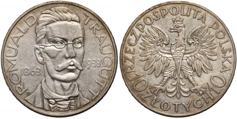 II RP, 10 złotych 1933, Warszawa, Romuald Traugutt Delikatnie przetarte tło. Ref...