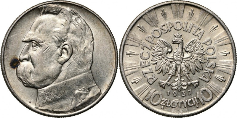 II RP, 10 złotych 1937, Warszawa, Józef Piłsudski Połyskowe. Reference: Parchimo...