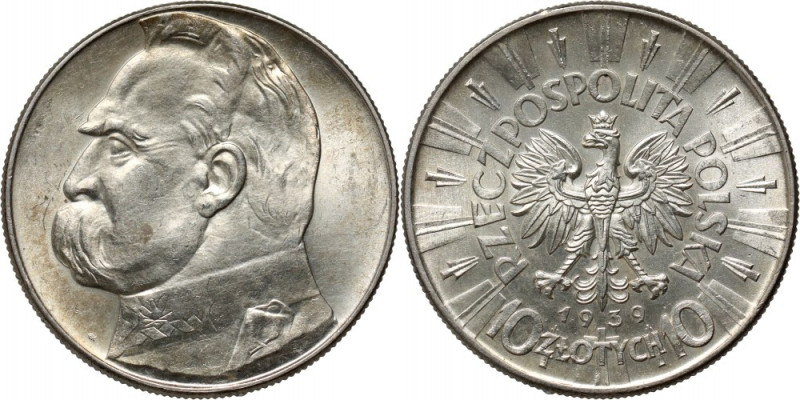 II RP, 10 złotych 1939, Warszawa, Józef Piłsudski Piękny egzemplarz z połyskiem ...