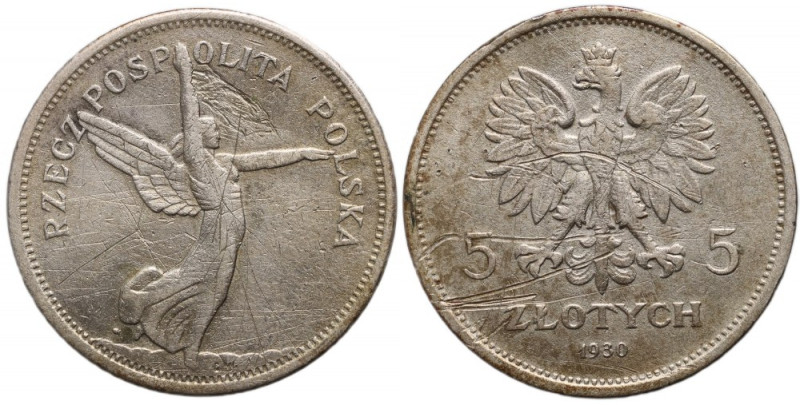 II RP, 5 złotych 1930, Warszawa, Nike Rzadki rocznik, mechaniczne uszkodzenia, r...