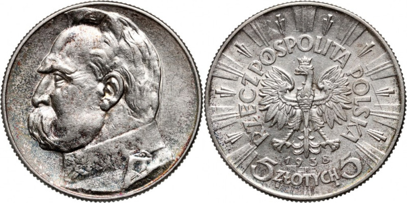 II RP, 5 złotych 1938, Warszawa, Józef Piłsudski Rzadszy rocznik. Reference: Par...