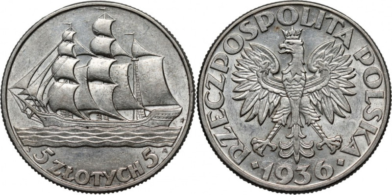 II RP, 5 złotych 1936, Warszawa, Żaglowiec Reference: Parchimowicz 119
Grade: X...