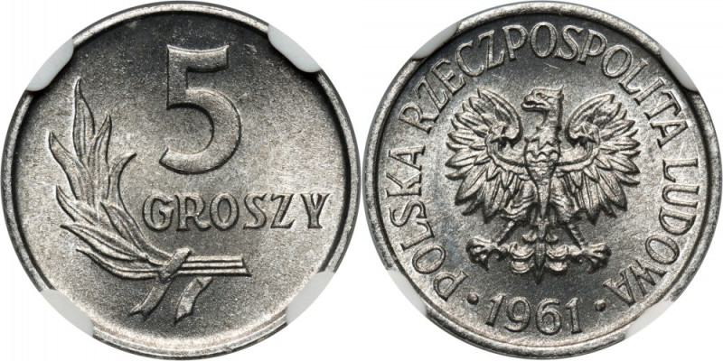 PRL, 5 groszy 1961 Pięknie zachowane. Druga najwyższa nota w NGC.
Reference: Pa...