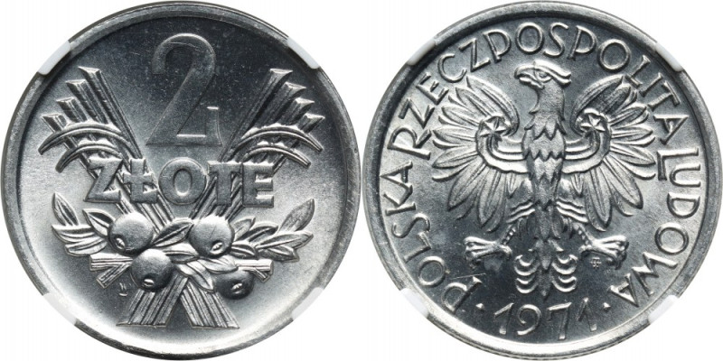 PRL, 2 złote 1971, Jagody Reference: Parchimowicz 216e
Grade: NGC MS66