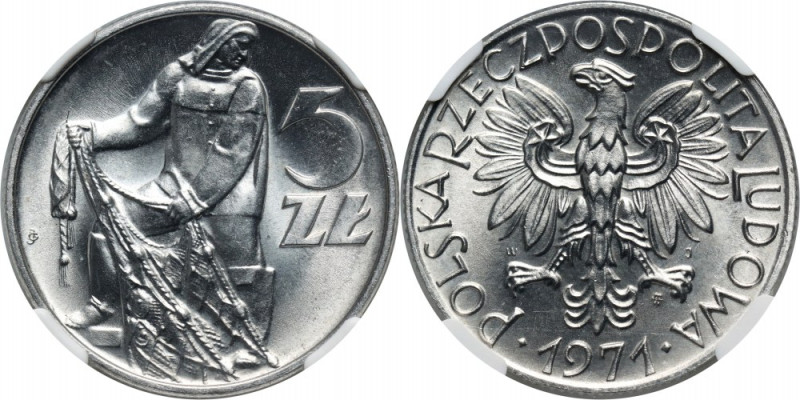 PRL, 5 złotych 1971, Rybak Druga najwyższa nota NGC. Reference: Parchimowicz 220...