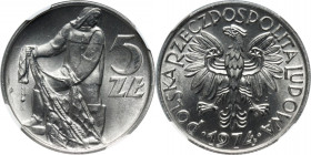 PRL, 5 złotych 1974, Rybak, PŁASKA DATA