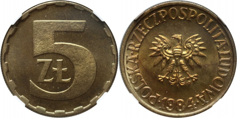 PRL, 5 złotych 1984 Egzemplarz z pięknym rewersem. Delikatna zielonkawa patyna i...