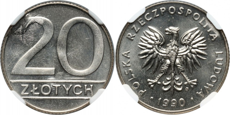 PRL, 20 złotych 1990, DESTRUKT, MINT ERROR Uszkodzenie/odłamanie stempla rewersu...