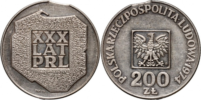 PRL, 200 złotych 1974, XXX lat PRL, DESTRUKT Końcówka blachy. Rzadkie i pięknie ...