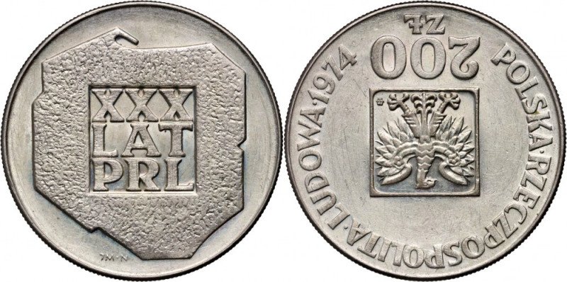 PRL, 200 złotych 1974, XXX lat PRL, ODWROTKA Moneta wybita stemplem rewersu odwr...