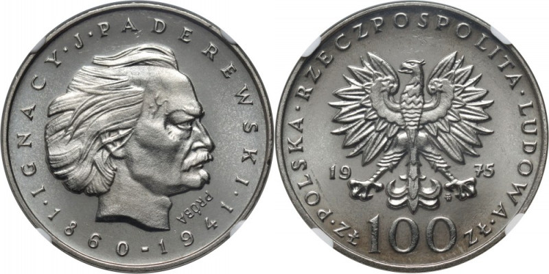 PRL, 100 złotych 1975, Ignacy Jan Paderewski, PRÓBA, nikiel Nakład 500 sztuk. Dr...