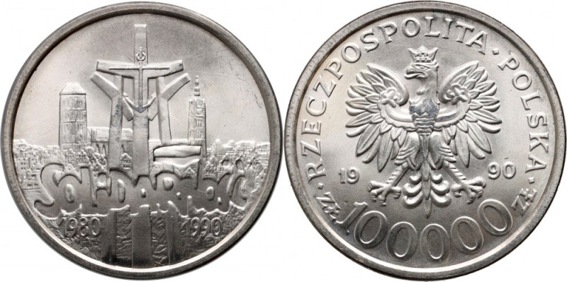 III RP, 100000 złotych 1990, Solidarność, Typ B Pięknie zachowane.&nbsp; Referen...