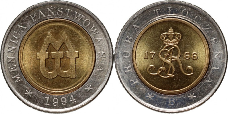 III RP, 5 złotych 1994, Warszawa, Próba tłoczenia, ODWROTKA Rzadki wariant z wew...