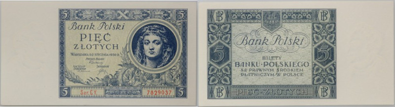 II RP, 5 złotych 02.01.1930, seria CY. Numer 7829037. Banknot w stanie emisyjnym...