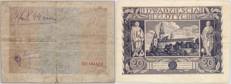 II RP, 20 złotych 11.11.1936, seria DS, nieukończony druk Numer 1184372. Awers z...