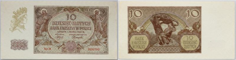 Generalne Gubernatorstwo, 10 złotych 1.03.1940, seria H Numer 3592760. Drobne na...