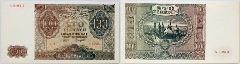 Generalne Gubernatorstwo, 100 złotych 1.08.1941, seria A Numer 9166315. Drobne z...