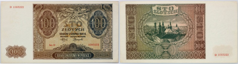 Generalne Gubernatorstwo, 100 złotych 1.08.1941, seria D Numer 1083222. Drobne z...