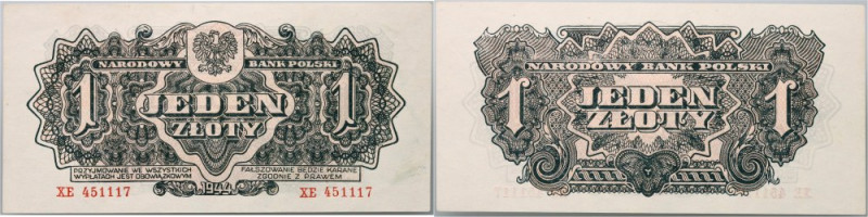 PRL, 1 złoty 1944, 'obowiązkowym', seria XE Numer 451117. Deliktne ugięcie piono...