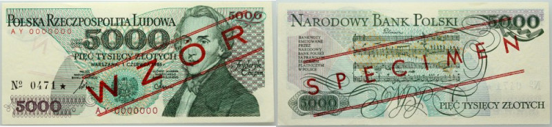 PRL, 5000 złotych 1.06.1986, WZÓR, No. 0471, seria AY Numer 0000000. Niewielkie ...