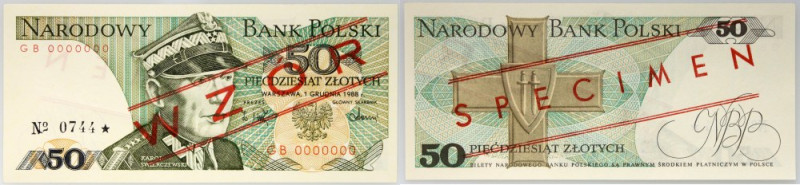 PRL, 50 złotych 1.12.1988, WZÓR, No. 0744, seria GB Numer 0000000. Pięknie zacho...