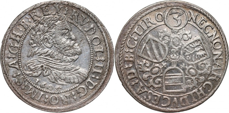 Austria, Rudolf II, 3 Kreuzers 1605, Hall Scarce. Variety with a '3' between the...