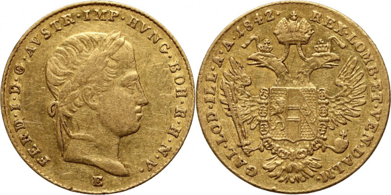 Austria, Ferdinand I, Ducat 1842 E, Karlsburg Gold 3,45 g. Złoto 3,45 g. Rzadsza...