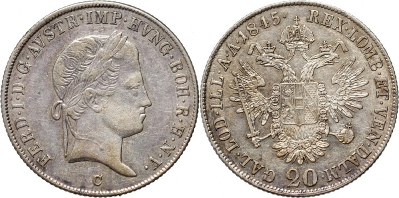 Austria, Ferdinand I, 20 Kreuzers 1845 C, Prague Reference: KM #2208
Grade: XF