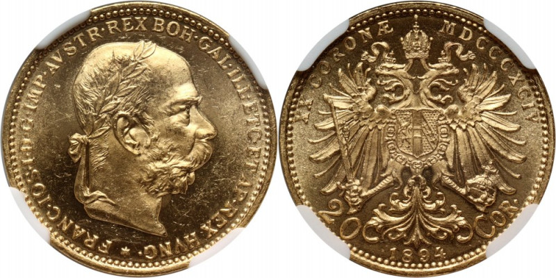 Austria, Franz Joseph I, 20 Corona 1894, Vienna Gold.&nbsp;Second highest grade ...