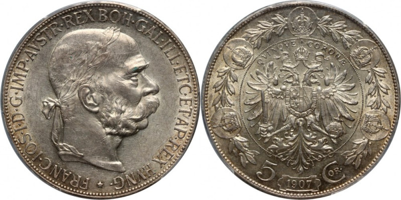 Austria, Franz Joseph I, 5 Corona 1907, Vienna Reference: KM #2807
Grade: PCGS ...
