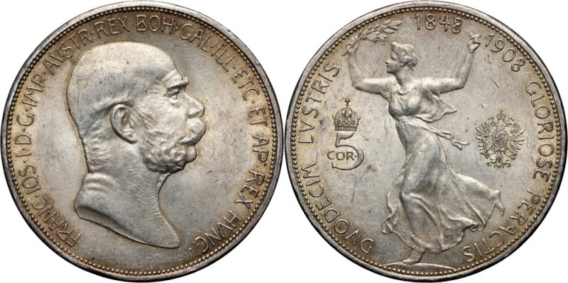 Austria, Franz Joseph I, 5 Corona 1908, Vienna, 60th Anniversary of Reign Very n...
