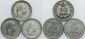 Austria, Franz Joseph I, set of 10 Kreuzers coins from 1858-1864, (3 pieces)