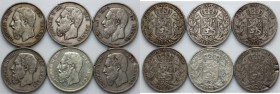 Belgium, Leopold II, set of 5 Francs coins from 1870-1873, (6 pieces)