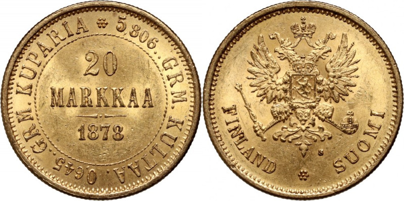 Finland, Alexander II, 20 Markkaa 1878 S, Helsinki Gold 6,45 g.
 Złoto 6,45 g....