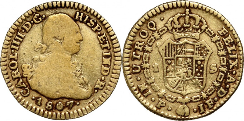 Colombia, Charles IV, Escudos 1807-P JF, Popayan Gold 3,18 g.
 Złoto 3,18 g.
R...