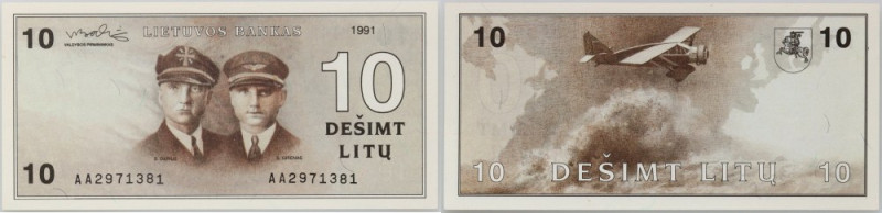 Lithuania, 10 Litu 1991, 'GIRENAS', series AA Number&nbsp;2971381.
 Numer 29713...