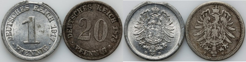 Germany, set of coins from 1874-1917, Mint Errors, (2 pieces) 20 Pfennig - doubl...