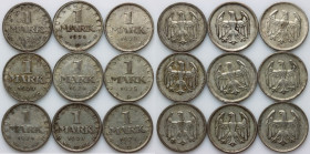 Germany, set of 1 Mark coins from 1924-1925, (9 pieces)