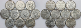 Germany, Third Reich, set of 2 Mark coins from 1937-1939, Paul von Hindenburg, (10 pieces)