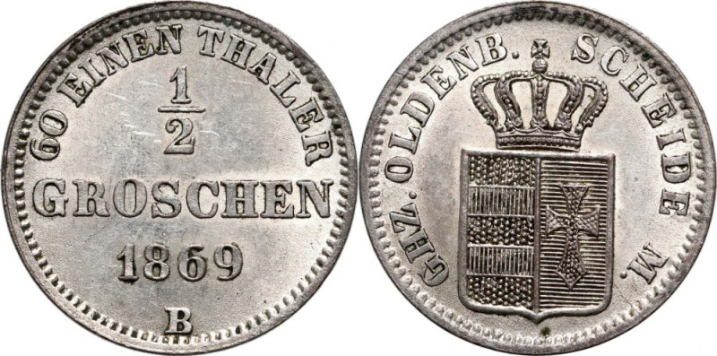 Germany, Oldenburg, 1/2 Silber Groschen, 1869 B Reference: AKS 30
Grade: XF+