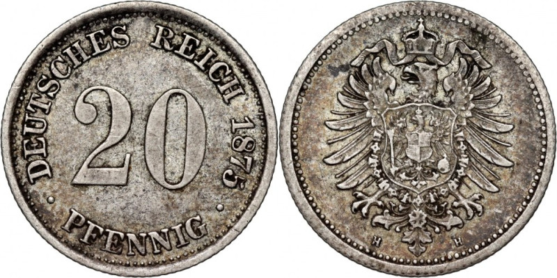 Germany, Wilhelm I, 20 Pfennig 1875 H, Darmstadt Scarce mint. Rzadka mennica. Re...