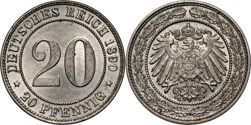 Germany, Wilhelm II, 20 Pfennig 1890 G, Karlsruhe Scarce mint. Rzadka mennica. R...